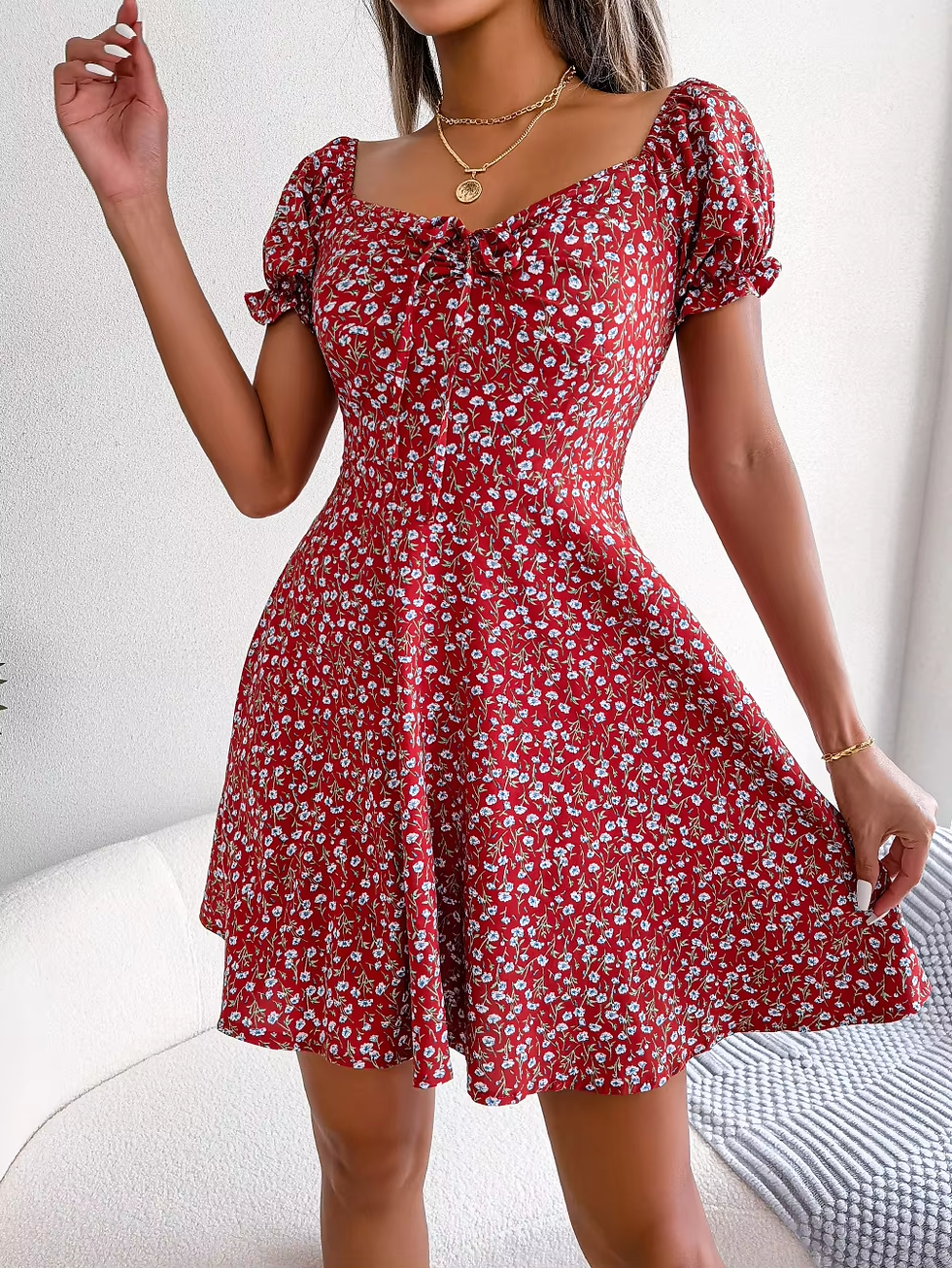 Thumbnail: Spring Summer Square Collar Floral Ruffles Mini Dress Women Casual Flare Sleeves