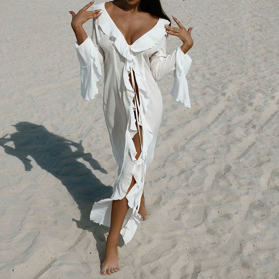 Miniatura: New Sexy V Neck Black White Ruffled Long Sleeve Chiffon Tunic Beach Cover Up Cov
