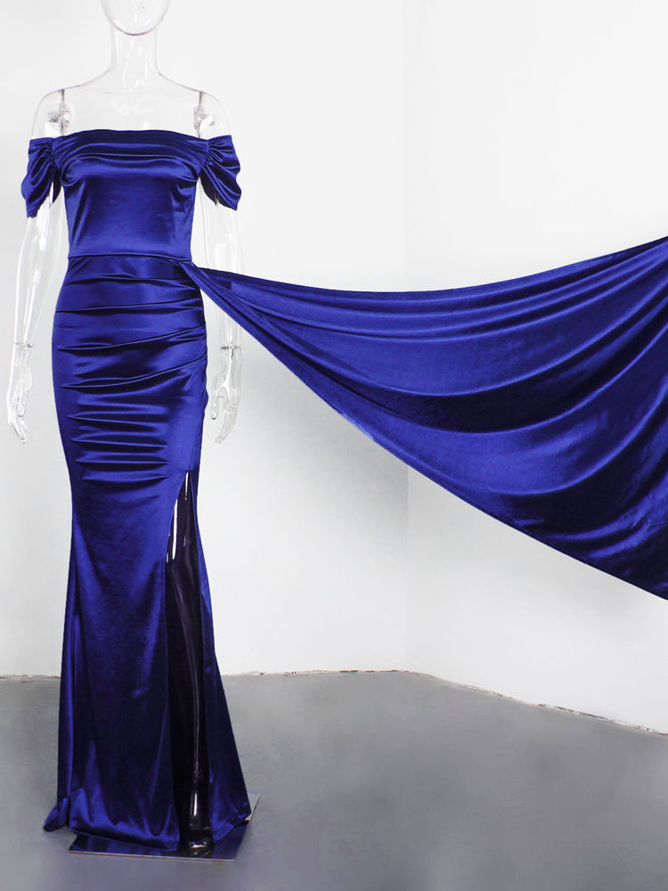 Miniatura: Off Shoulder Ruched  Stretch Satin Bridesmaids Dress Front Split Floor Length Bo
