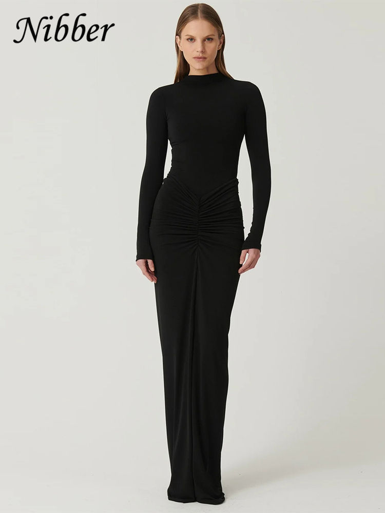 Miniatura: Nibber Ruched Simple Dress Women Temperament Fashion Full Sleeve o-Neck Skinny S