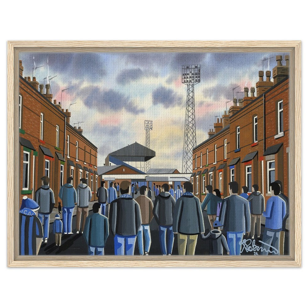 Thumbnail: Wigan Athletic F.C, Retro Springfield Park Stadium By Artist Andrew Robinson andrewrobinsonart.com, Andrew Robinson art .Framed Fine Art Prints, Posters, Canvas Prints, Framed canvas prints, Ceramic Mugs etc sport, football, rugby, NFL