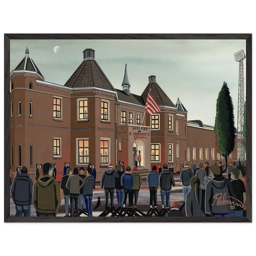 Sparta Rotterdam football stadium By Artist Andrew Robinson andrewrobinsonart.com, Andrew Robinson art .Framed Fine Art Prints, Posters, Canvas Prints, Framed canvas prints, Ceramic Mugs etc sport, football, rugby, NFL