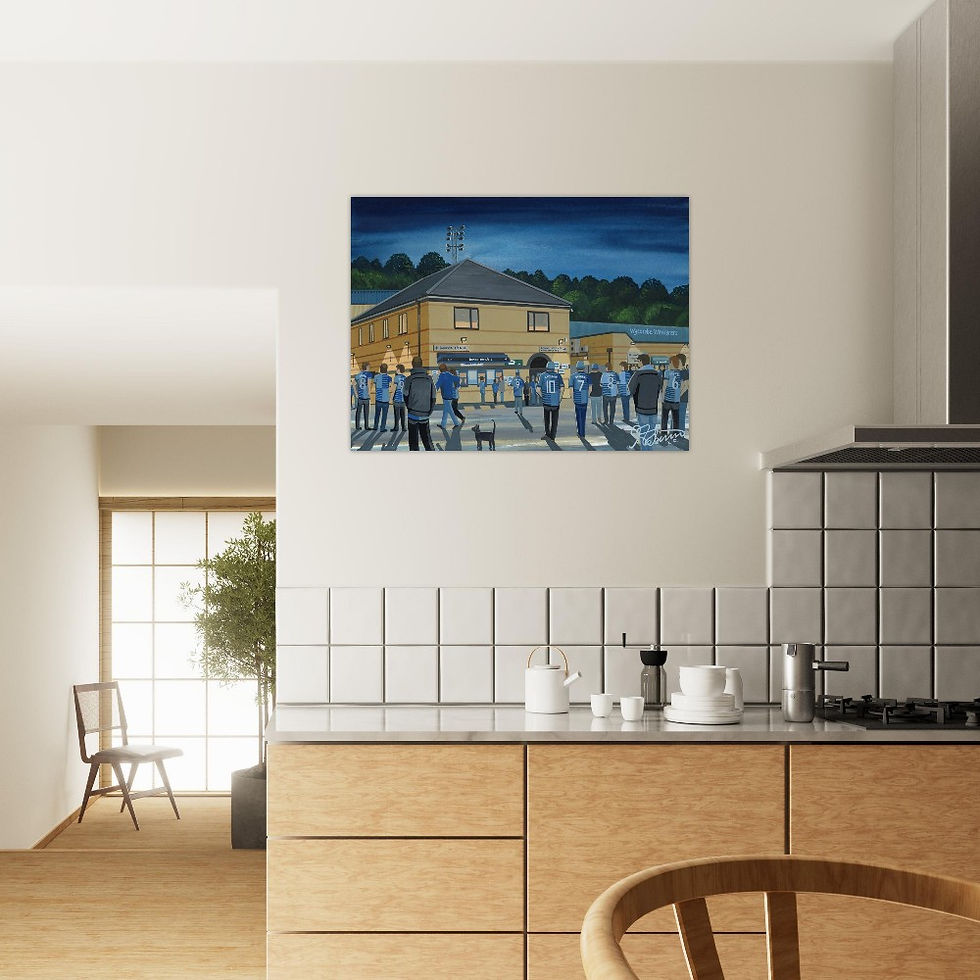 Thumbnail: Wycombe Wanderers FC Adams Park Football tadium Scene by artist Andrew Robinson andrewrobinsonart.com. Available in fine art print, poster, canvas prints and mugs etc 