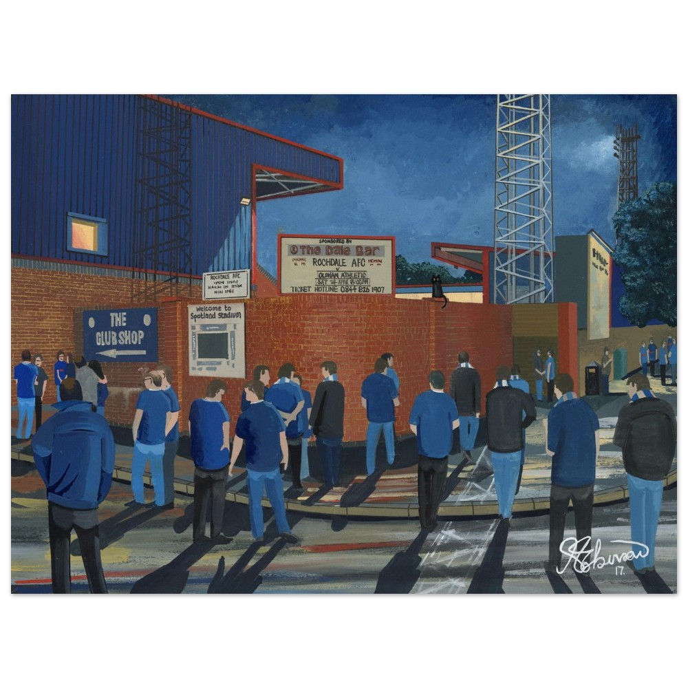 Rochdale AFC Spotland football stadium scene by artist Andrew Robinson andrewrobinsonart.com. Available in fine art print, poster, canvas prints and mugs etc 