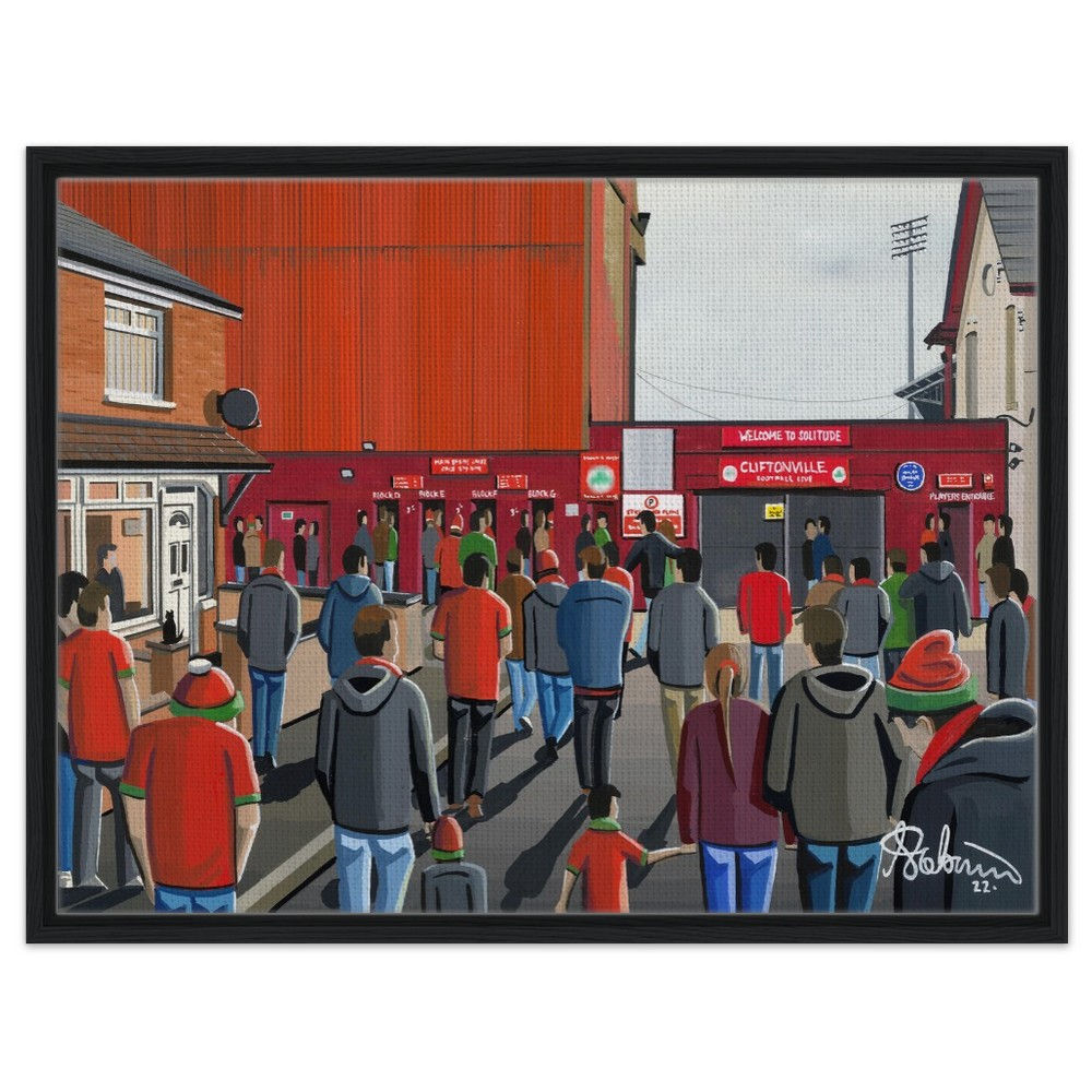 Cliftonville F.C, Solitude Stadium. Football Framed Canvas Print. Ceramic Mugs, Fine Art Prints and posters etc By Artist Andrew Robinson. andrewrobinsonart.com