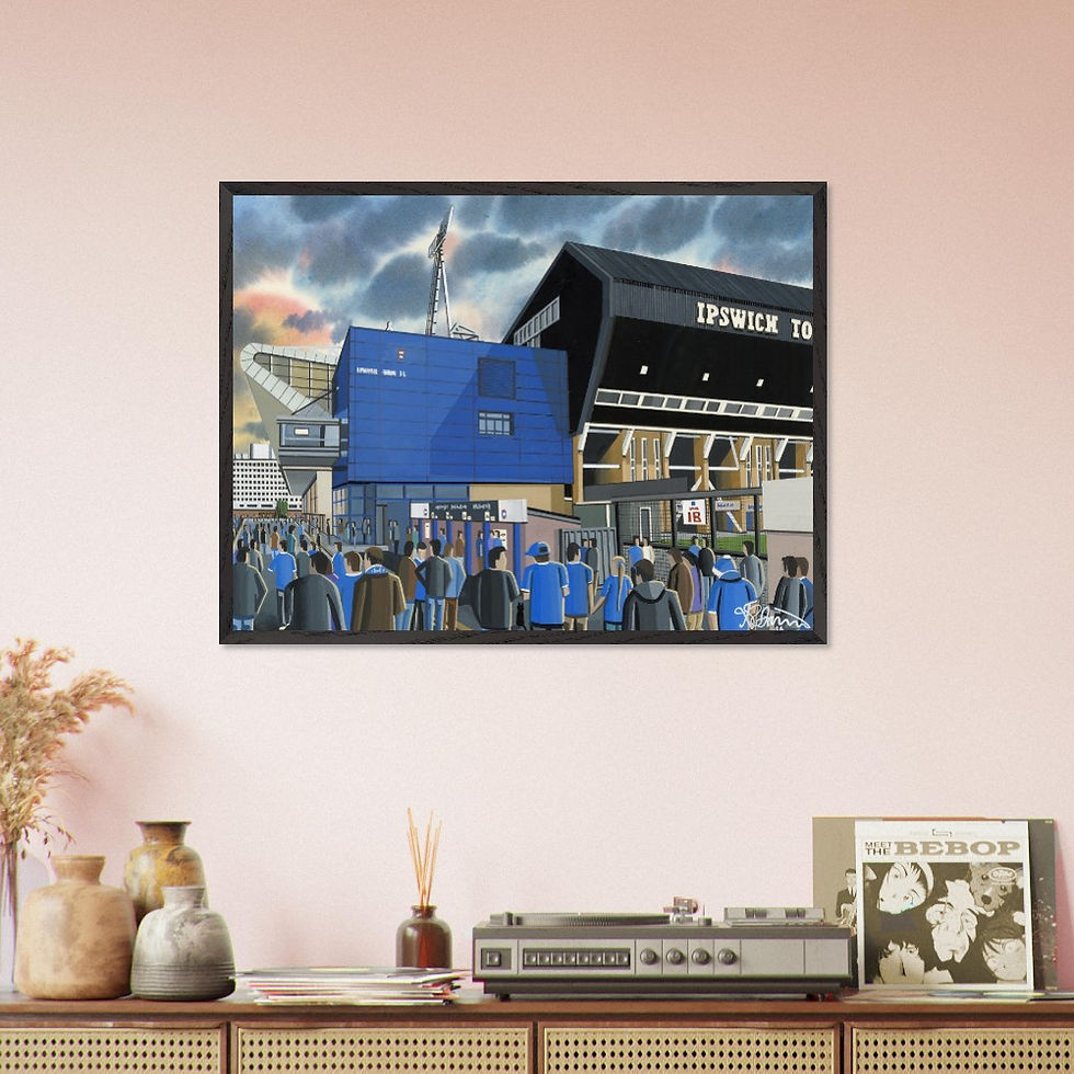 Thumbnail: Ipswich Town FC Portman Road  football stadium scene by artist Andrew Robinson andrewrobinsonart.com. Available in fine art print, poster, canvas prints and mugs etc 