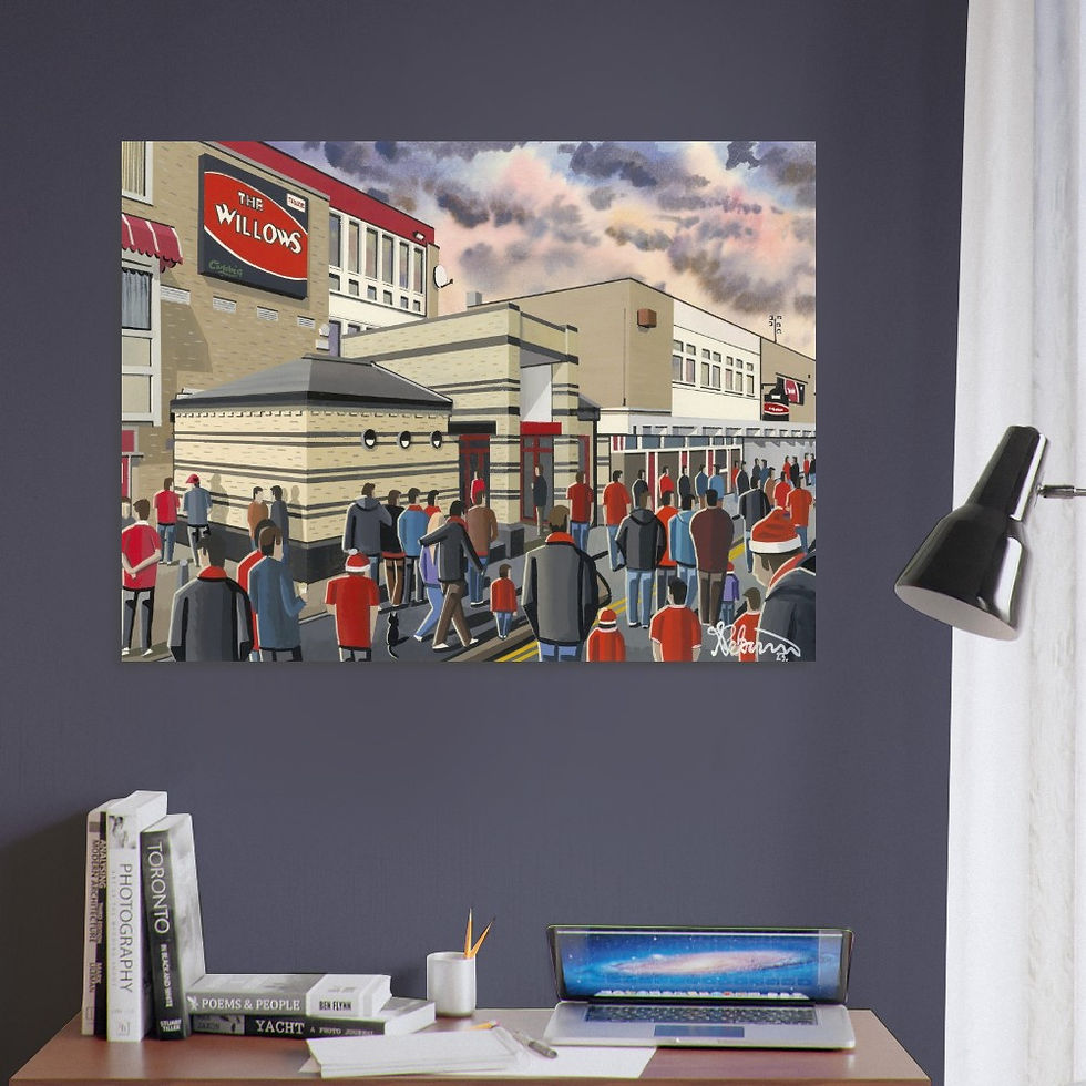 Thumbnail: Salford Red Devils retro The Willows rugby Stadium By Artist Andrew Robinson andrewrobinsonart.com, Andrew Robinson art .Framed Fine Art Prints, Posters, Canvas Prints, Framed canvas prints, Ceramic Mugs etc sport, football, rugby, NFL