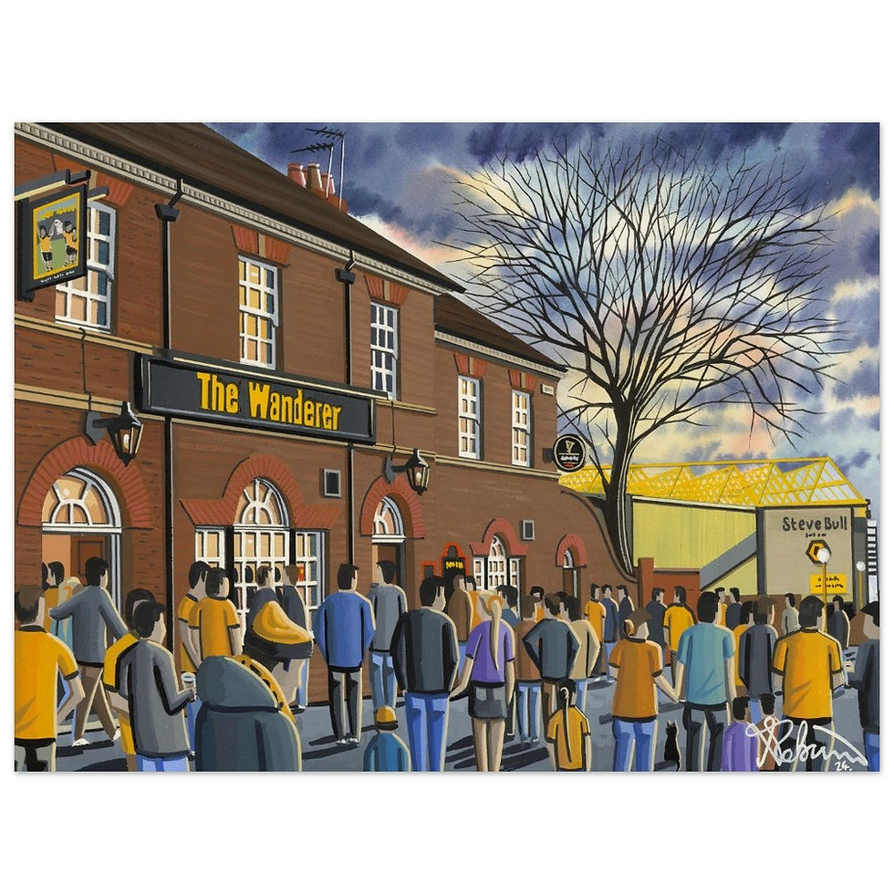 Thumbnail: Wolves Wolverhampton Wanderers FC retro Molineux football stadium scene by artist Andrew Robinson andrewrobinsonart.com. Available in fine art print, poster, canvas prints and mugs etc 