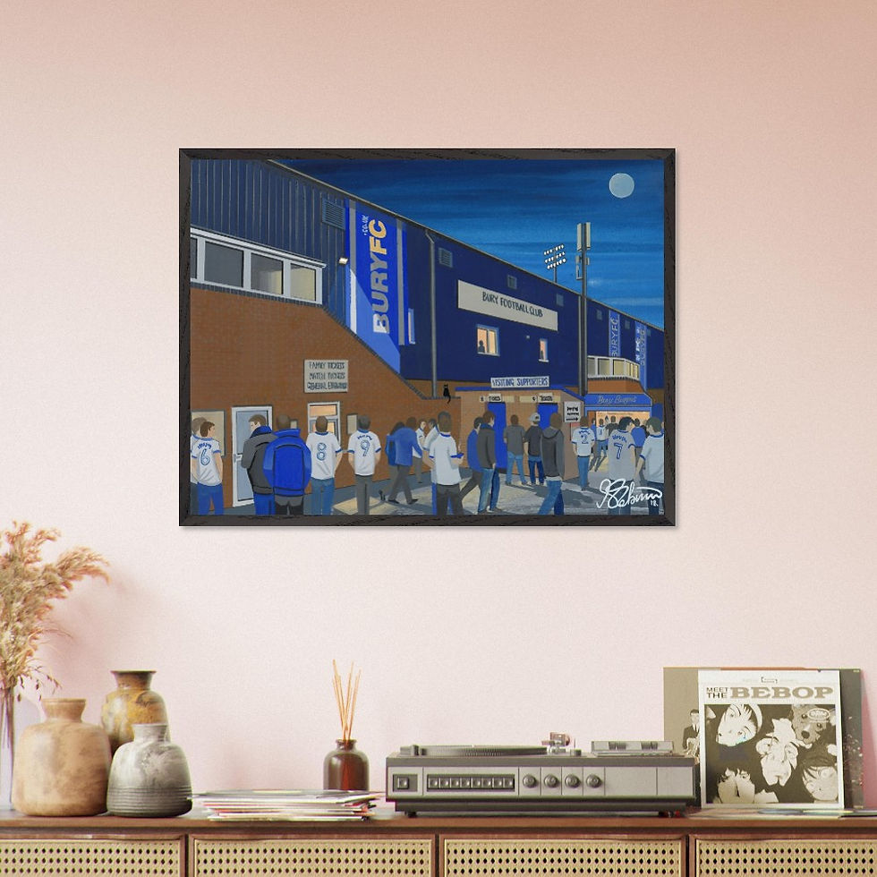 Thumbnail: Bury FC Gigg Lane football stadium scene by artist Andrew Robinson andrewrobinsonart.com. Available in fine art print, poster, canvas prints and mugs etc