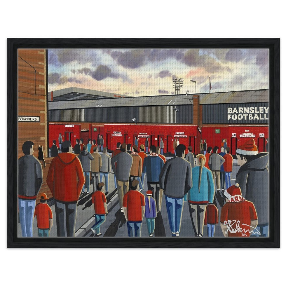 Thumbnail: Barnsley F.C Oakwell Stadium. Football Framed Canvas Print. Ceramic Mugs, Fine Art Prints and posters etc By Artist Andrew Robinson. andrewrobinsonart.com
