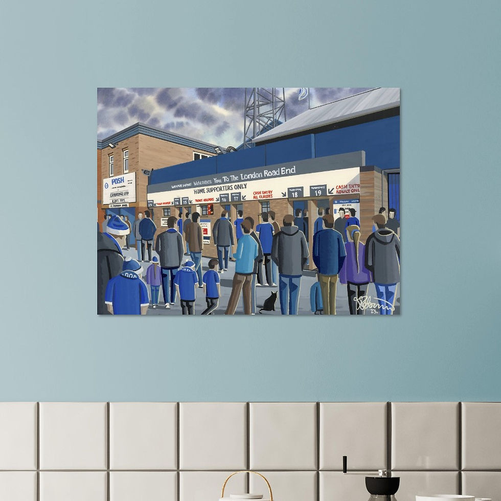 Thumbnail: Peterborough United FC London Road football stadium scene by artist Andrew Robinson andrewrobinsonart.com. Available in fine art print, poster, canvas prints and mugs etc 