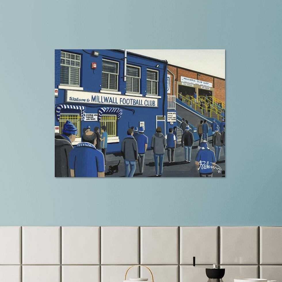 Thumbnail: Millwall FC retro The Den Cold Blow Lane football stadium scene by artist Andrew Robinson andrewrobinsonart.com. Available in fine art print, poster, canvas prints and mugs etc 