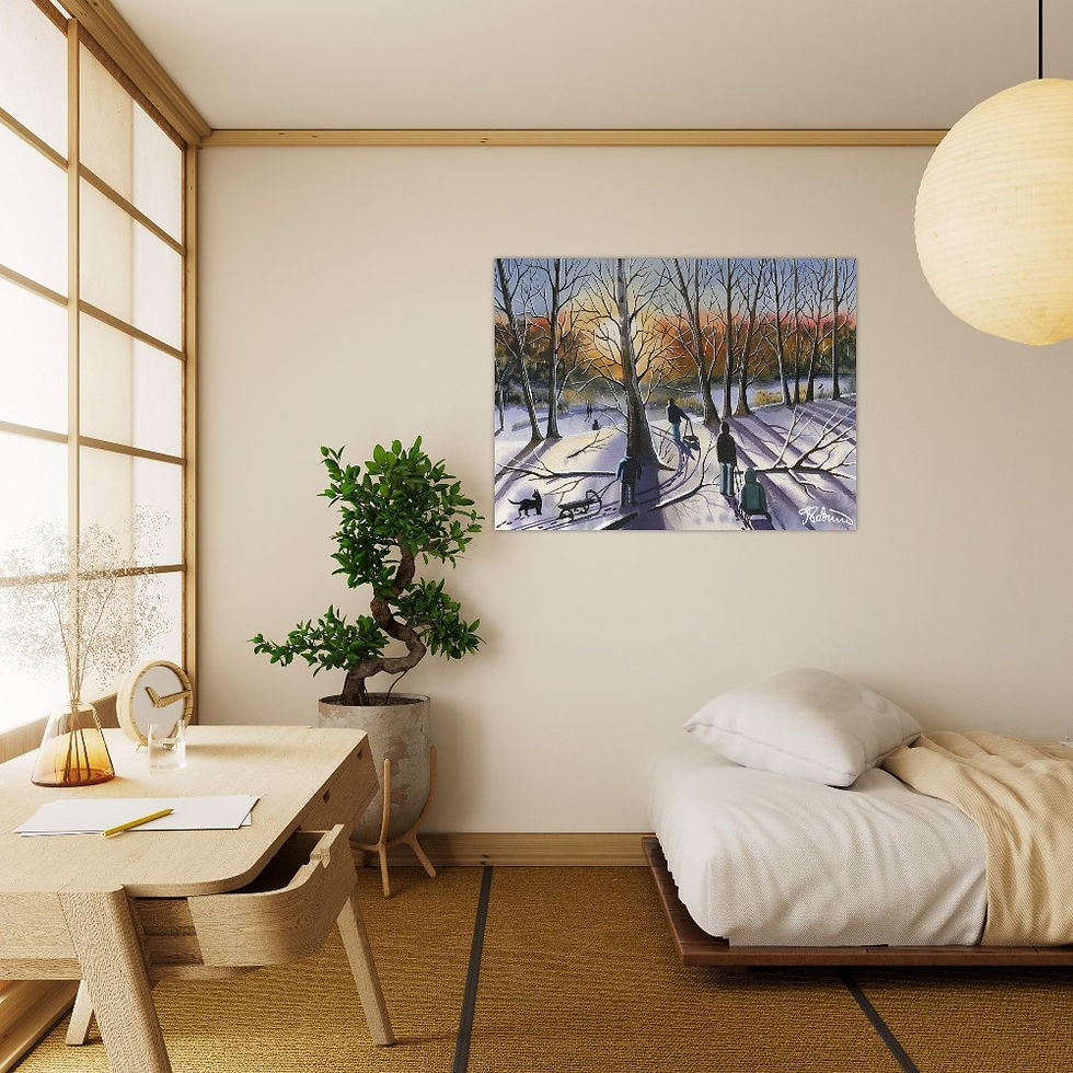 Thumbnail: Sledging at Old St Ives Old Golf Course, Cambridgeshire snow winter scene by artist Andrew Robinson andrewrobinsonart.com. Available in fine art print, poster, canvas prints and mugs etc