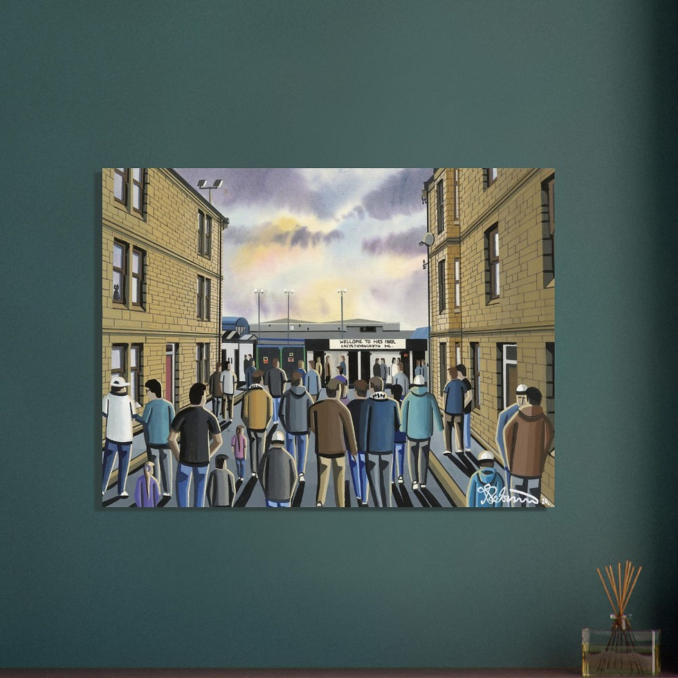 Thumbnail: East Stirlingshire F.C, Retro Firs Park Stadium By Artist Andrew Robinson andrewrobinsonart.com, Andrew Robinson art. Framed Fine Art Prints, Posters, Canvas Prints, Framed canvas prints, Ceramic Mugs etc sport, football, rugby, NFL