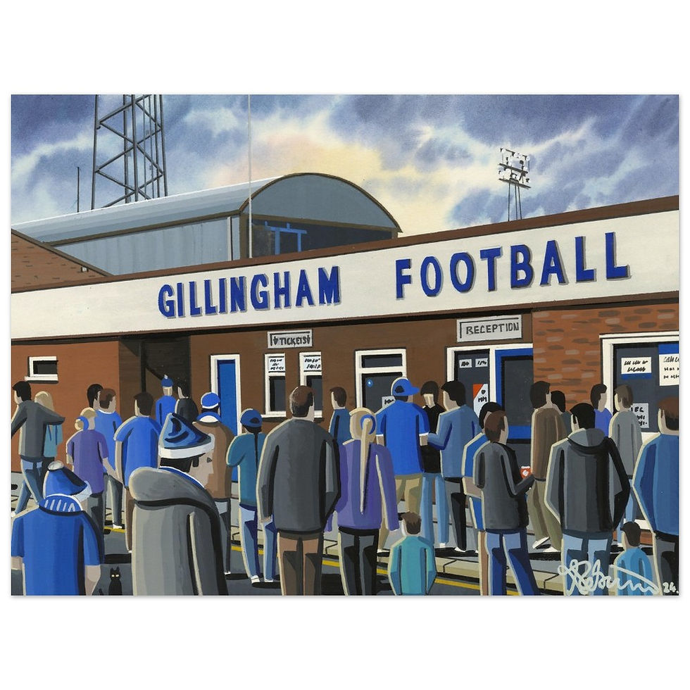 Gillingham F.C, Retro Priestfield Stadium By Artist Andrew Robinson andrewrobinsonart.com, Andrew Robinson art. Framed Fine Art Prints, Posters, Canvas Prints, Framed canvas prints, Ceramic Mugs etc sport, football, rugby, NFL