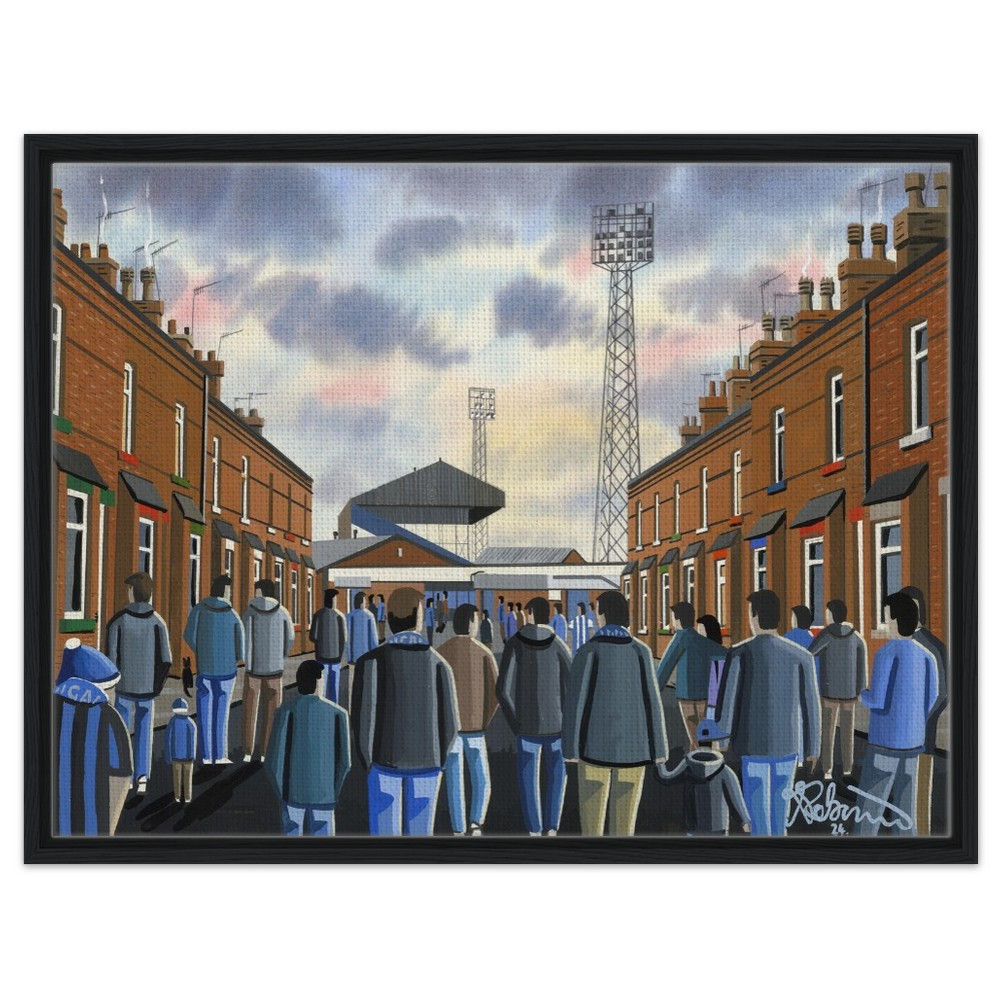 Wigan Athletic F.C, Retro Springfield Park Stadium By Artist Andrew Robinson andrewrobinsonart.com, Andrew Robinson art .Framed Fine Art Prints, Posters, Canvas Prints, Framed canvas prints, Ceramic Mugs etc sport, football, rugby, NFL