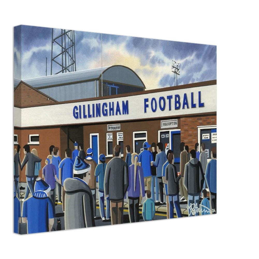 Gillingham F.C, Retro Priestfield Stadium By Artist Andrew Robinson andrewrobinsonart.com, Andrew Robinson art. Framed Fine Art Prints, Posters, Canvas Prints, Framed canvas prints, Ceramic Mugs etc sport, football, rugby, NFL