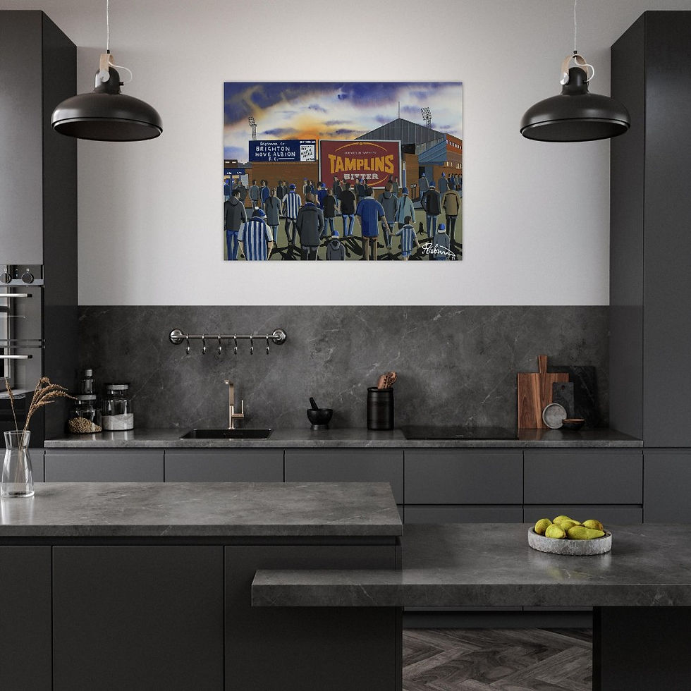 Thumbnail: Brighton & Hove Albion FC Retro Goldstone Ground Football  Stadium Scene by artist Andrew Robinson andrewrobinsonart.com. Available in fine art print, poster, canvas prints and mugs etc