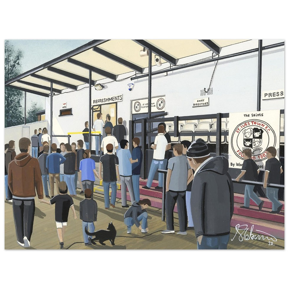 St Ives Town FC Westwood Road football stadium scene by artist Andrew Robinson andrewrobinsonart.com. Available in fine art print, poster, canvas prints and mugs etc