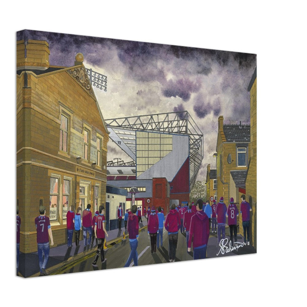 Burnley FC Turf Moor Football Stadium Scene by artist Andrew Robinson andrewrobinsonart.com. Available in fine art print, poster, canvas prints and mugs etc 