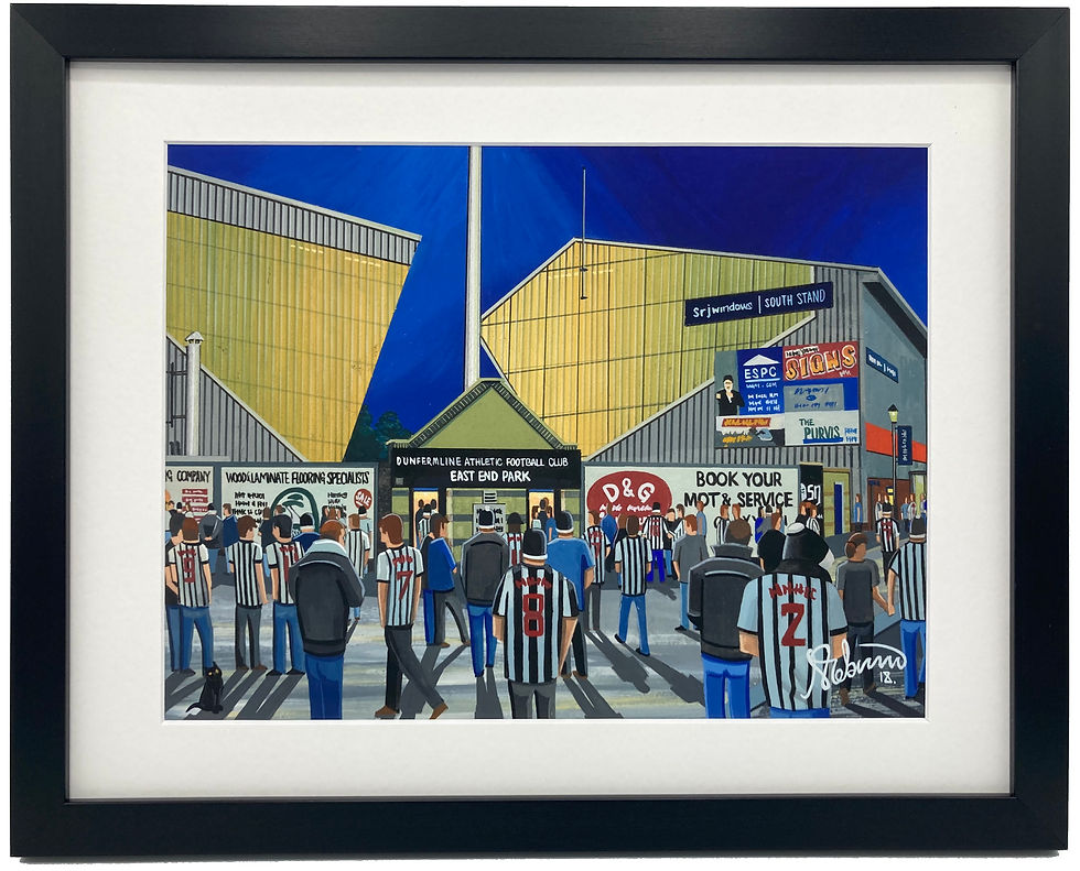 Dunfermline Athletic FC East End Park football stadium scene by artist Andrew Robinson andrewrobinsonart.com. Available in fine art print, poster, canvas prints and mugs etc