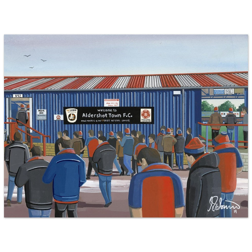 Aldershot FC Recreation Ground football stadium scene by artist Andrew Robinson andrewrobinsonart.com. Available in fine art print, poster, canvas prints and mugs etc