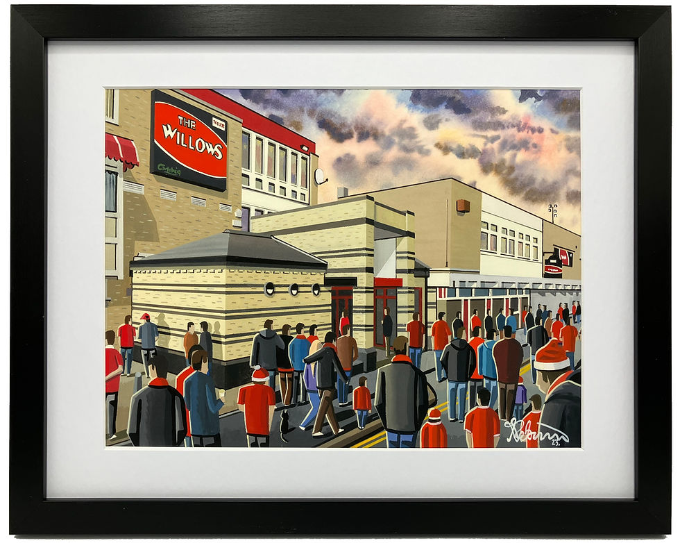 Salford Red Devils retro The Willows rugby stadium scene by artist Andrew Robinson andrewrobinsonart.com. Available in fine art print, poster, canvas prints and mugs etc