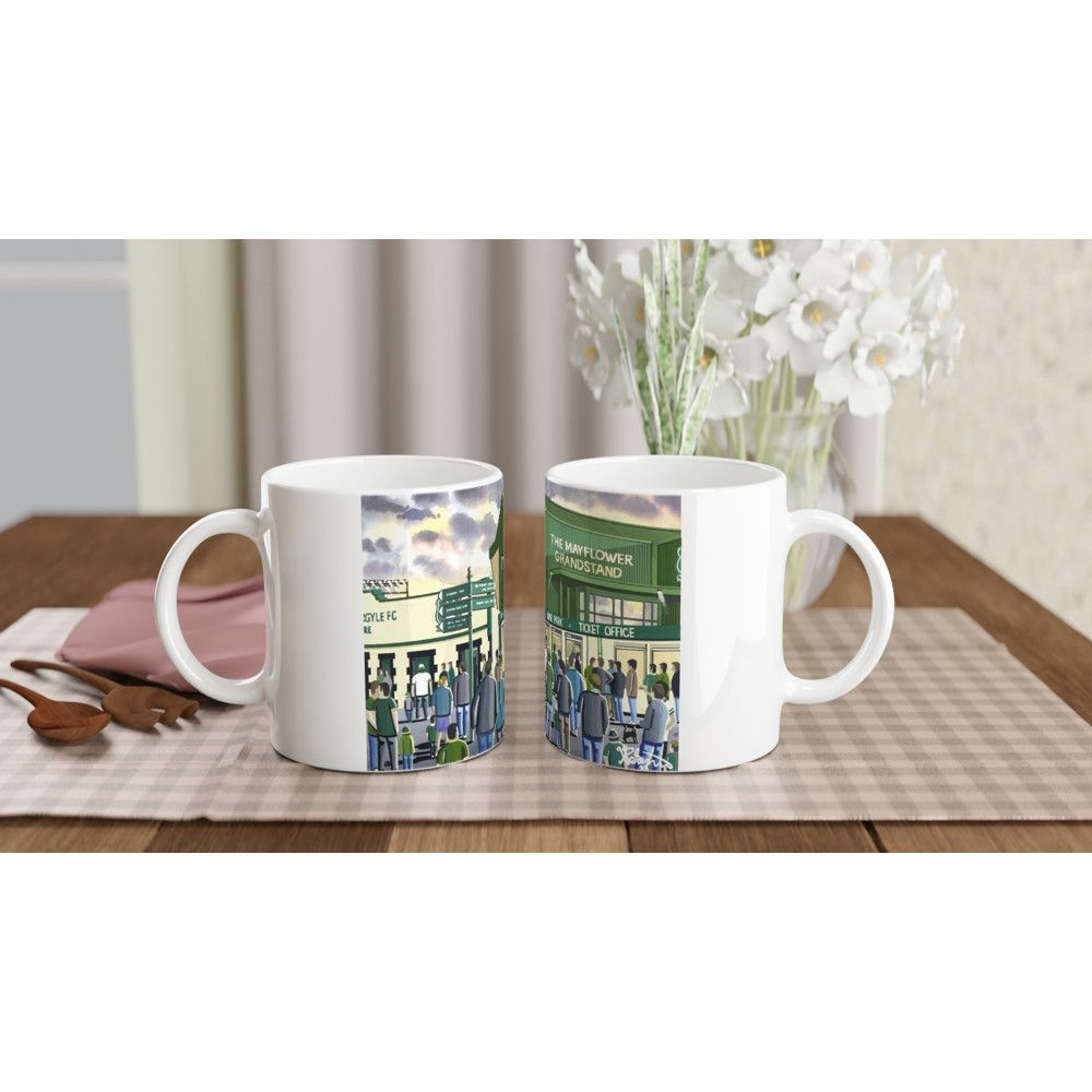 Plymouth Argyle FC Home Park football stadium scene by artist Andrew Robinson andrewrobinsonart.com. Available in fine art print, poster, canvas prints and mugs etc
