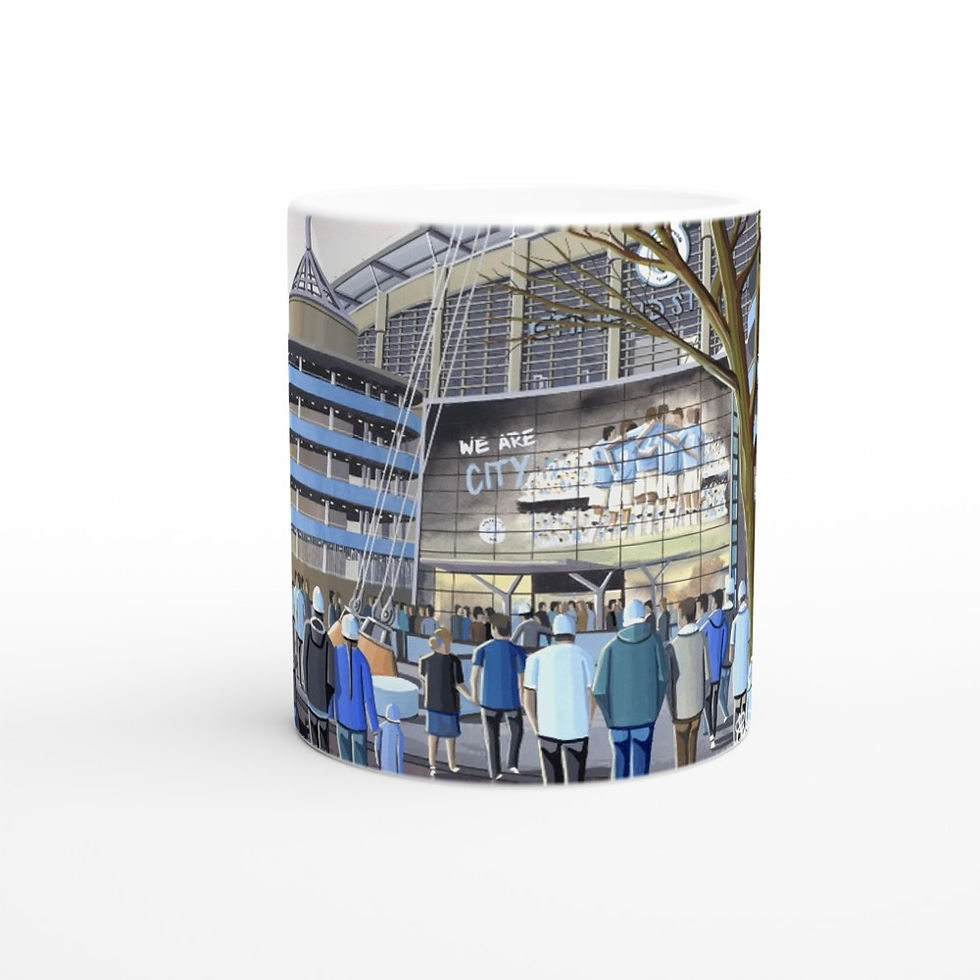 Thumbnail: Manchester City FC Etihad Football Stadium Scene by artist Andrew Robinson andrewrobinsonart.com. Available in fine art print, poster, canvas prints and mugs etc 