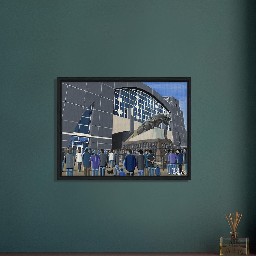 Thumbnail: Carolina Panthers NFL Football Stadium By Artist Andrew Robinson andrewrobinsonart.com, Andrew Robinson art .Framed Fine Art Prints, Posters, Canvas Prints, Framed canvas prints, Ceramic Mugs etc sport, football, rugby, NFL