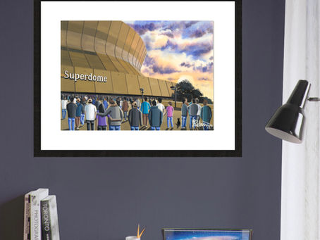 Close-up view of framed New Orleans Saints NFL stadium by artist Andrew Robinson andrewrobinsonart.com