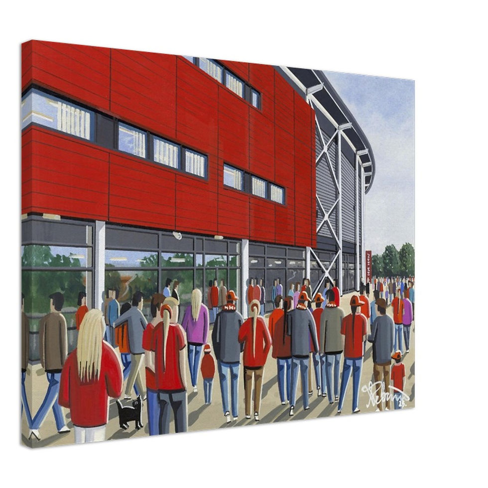 Liverpool WFC Langtree Park football stadium. Ready to hang framed & mounted Utd United art print. Ideal wall art football club F.C memorabilia gift for birthdays, Christmas, Father’s Day. Perfect addition to any home or office. By artist Andrew Robinson.