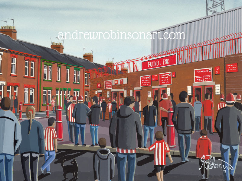 Thumbnail: Sunderland AFC retro Roker Park football stadium scene by artist Andrew Robinson andrewrobinsonart.com. Available in fine art print, poster, canvas prints and mugs etc 