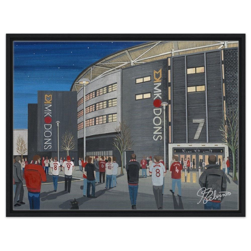 MK Dons Stadium MK Football Stadium By Artist Andrew Robinson andrewrobinsonart.com, framed Fine Art Prints Posters, Canvas Prints, Ceramic Mugs etc