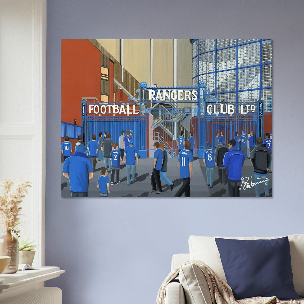 Thumbnail: Rangers FC Ibrox  football stadium scene by artist Andrew Robinson andrewrobinsonart.com. Available in fine art print, poster, canvas prints and mugs etc 