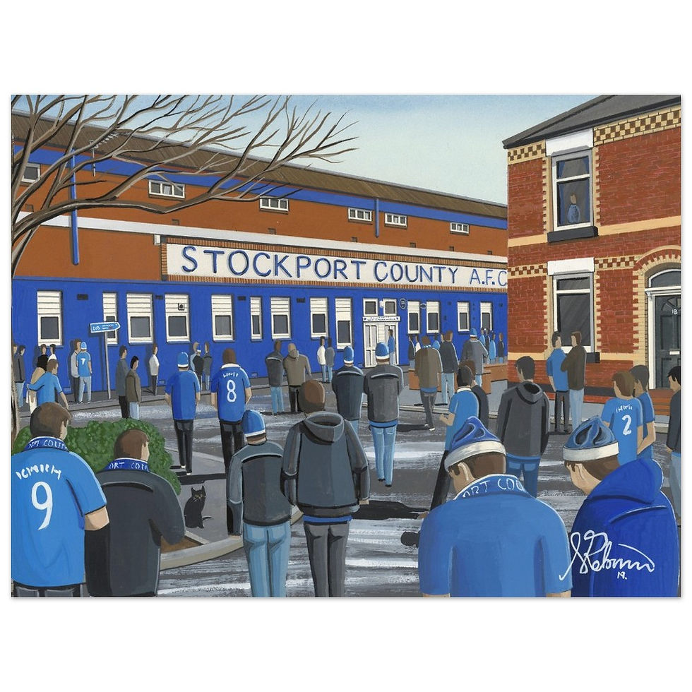 Stockport County FC Edgeley Park football stadium scene by artist Andrew Robinson andrewrobinsonart.com. Available in fine art print, poster, canvas prints and mugs etc
