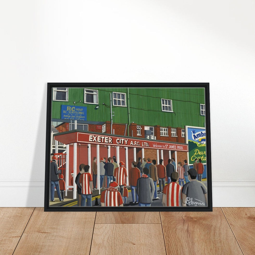 Thumbnail: Exeter City FC St James Park Football Stadium By Artist Andrew Robinson andrewrobinsonart.com, framed Fine Art Prints Posters, Canvas Prints, Ceramic Mugs etc