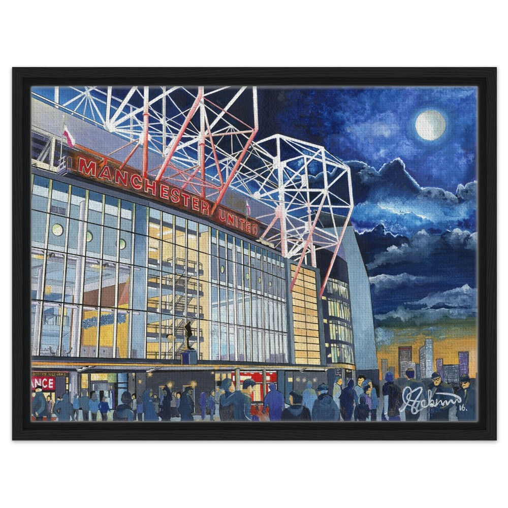 Manchester United Old Trafford Football Stadium By Artist Andrew Robinson andrewrobinsonart.com, framed Fine Art Prints Posters, Canvas Prints, Ceramic Mugs etc