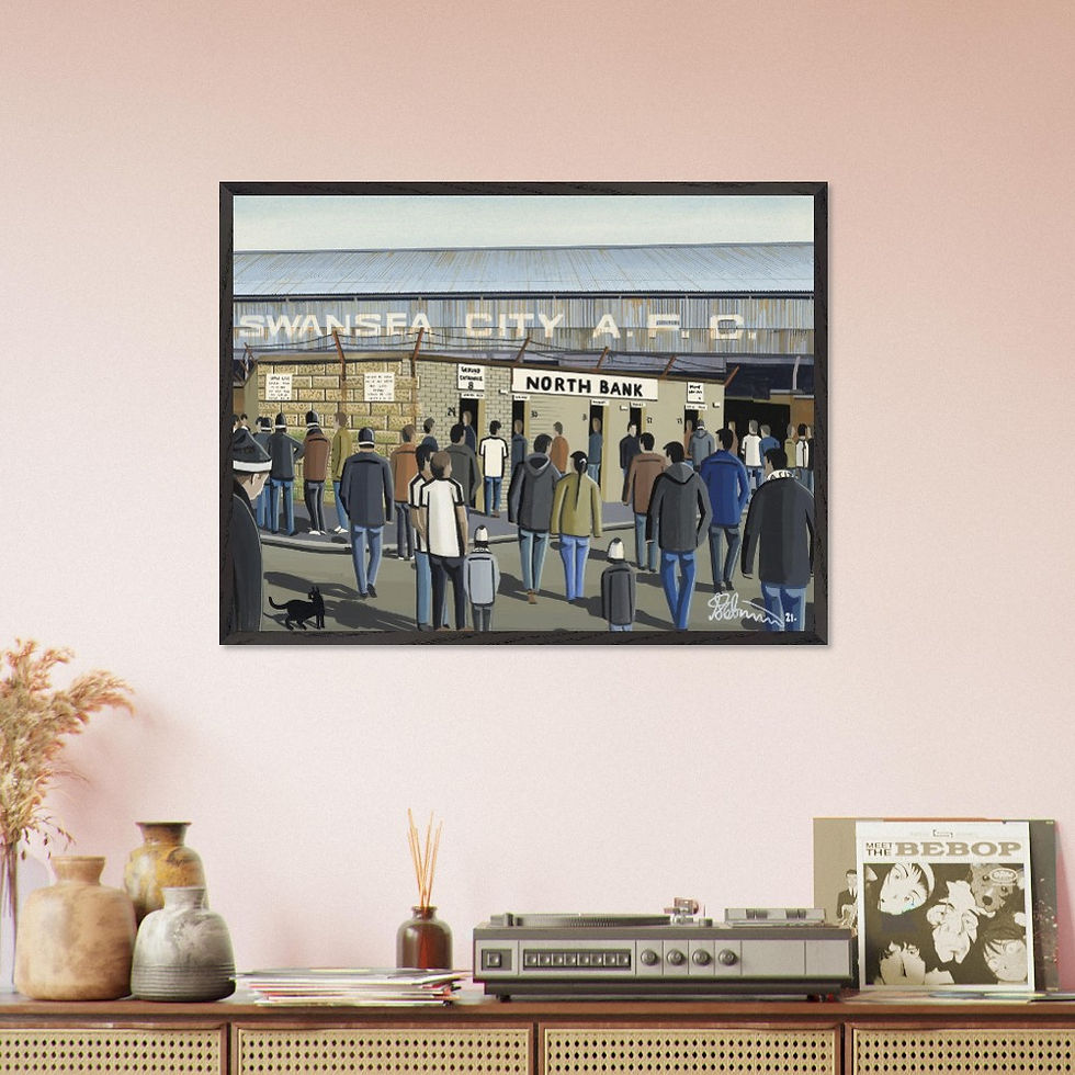 Thumbnail: Swansea City AFC retro Vetch Field football stadium scene by artist Andrew Robinson andrewrobinsonart.com. Available in fine art print, poster, canvas prints and mugs etc 