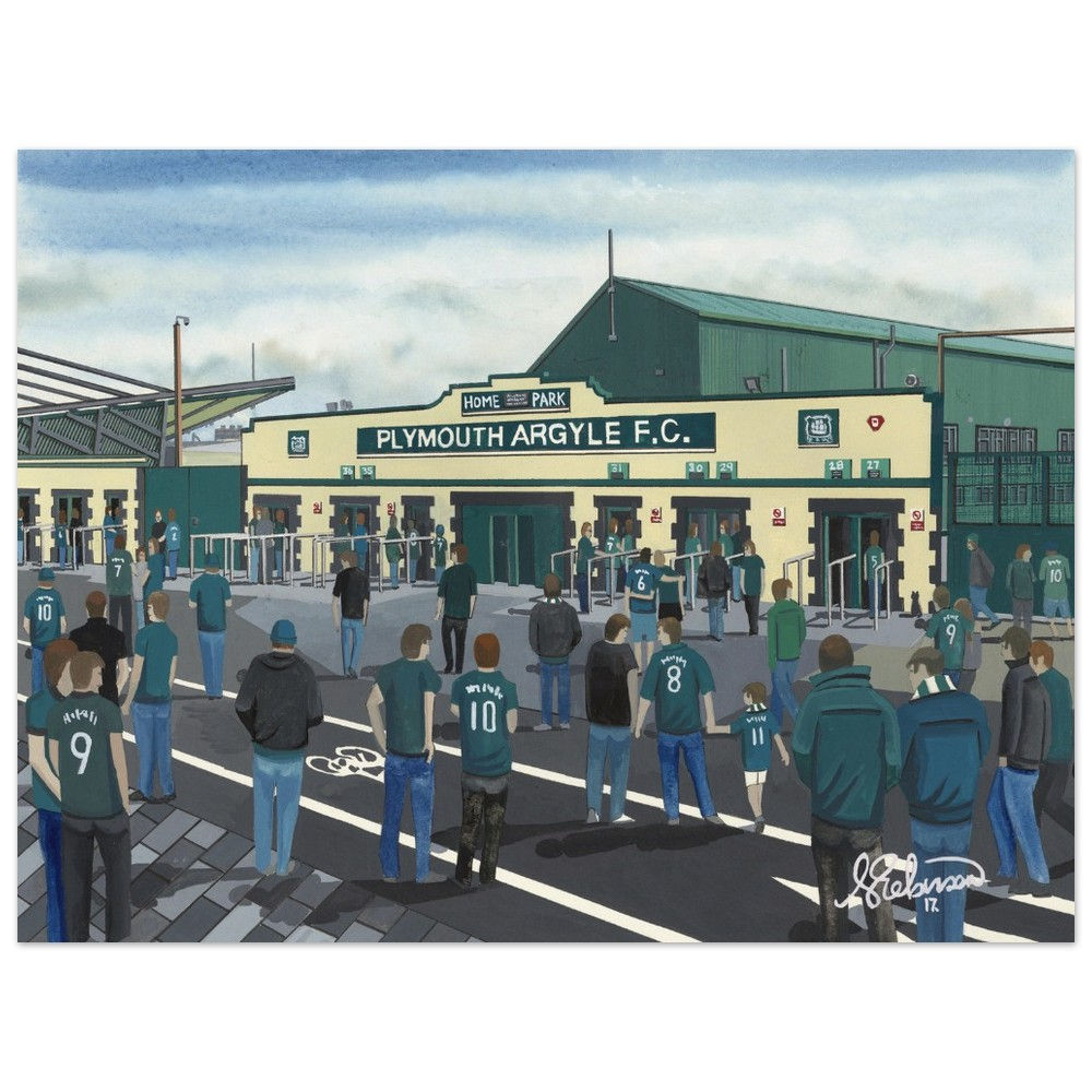 Plymouth Argyle FC Home Park football  stadium. Ready to hang framed & mounted Utd United art print. Ideal wall art football club F.C memorabilia gift for birthdays, Christmas, Father’s Day. Perfect addition to any home or office. By artist Andrew Robinson.