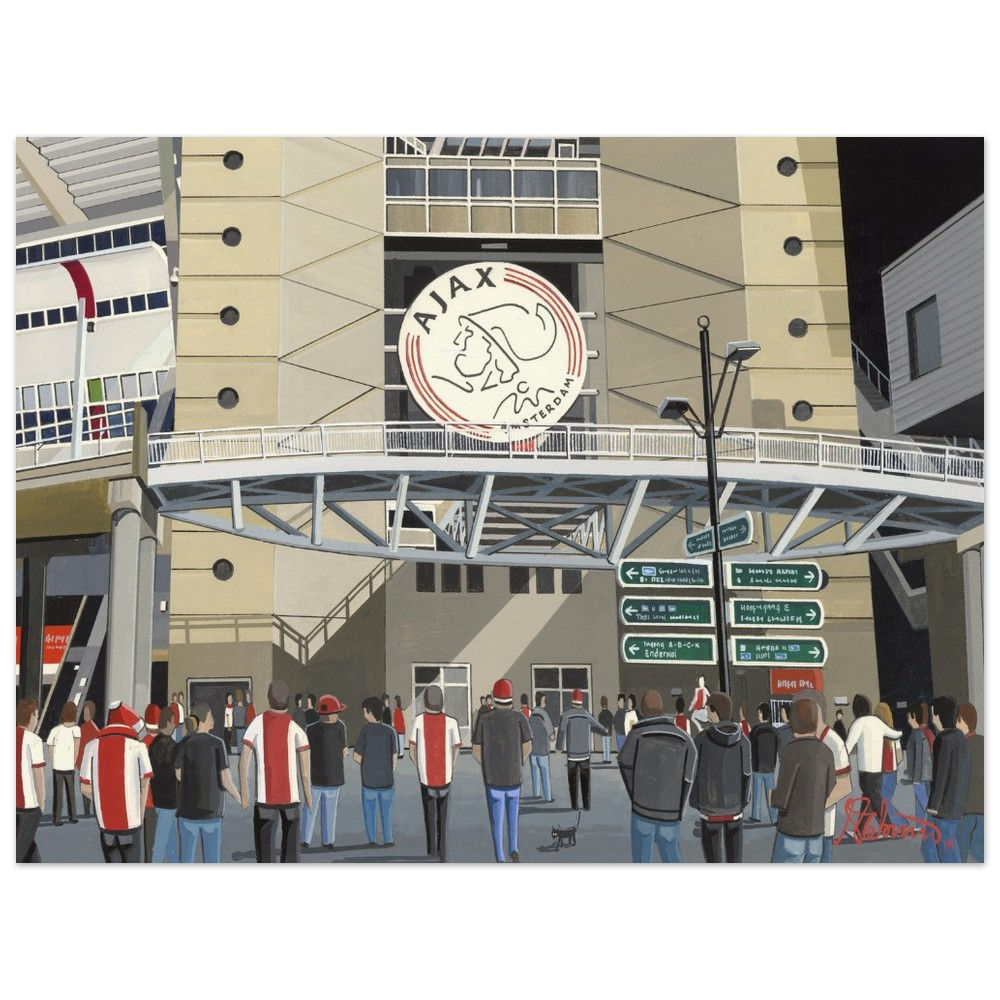 AFC Ajax Johan Cruyff  football stadium scene by artist Andrew Robinson andrewrobinsonart.com. Available in fine art print, poster, canvas prints and mugs etc 