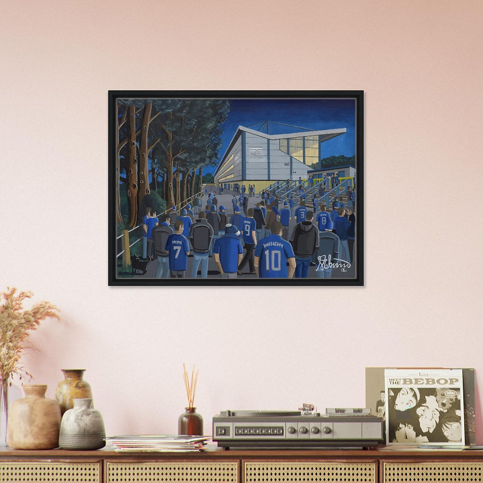 Thumbnail: Halifax Town AFC The Shay  Football Stadium By Artist Andrew Robinson andrewrobinsonart.com, framed Fine Art Prints Posters, Canvas Prints, Ceramic Mugs etc