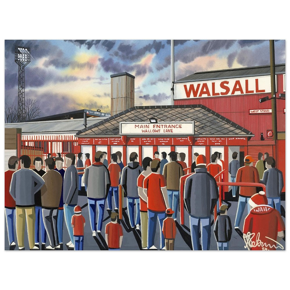 Walsall FC Retro Fellows Park Football Stadium Scene by artist Andrew Robinson andrewrobinsonart.com. Available in fine art print, poster, canvas prints and mugs etc 