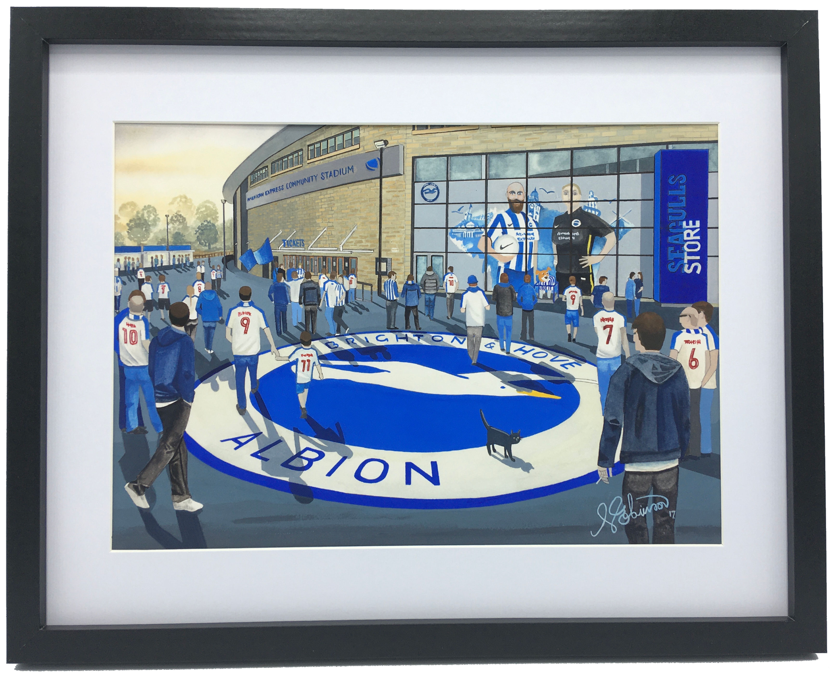 Brighton & Hove Albion FC Amex Falmer football stadium. Ready to hang framed & mounted art print. Ideal wall art football club F.C memorabilia gift for birthdays, Christmas, Father’s Day. Perfect addition to any home or office. By artist Andrew Robinson.