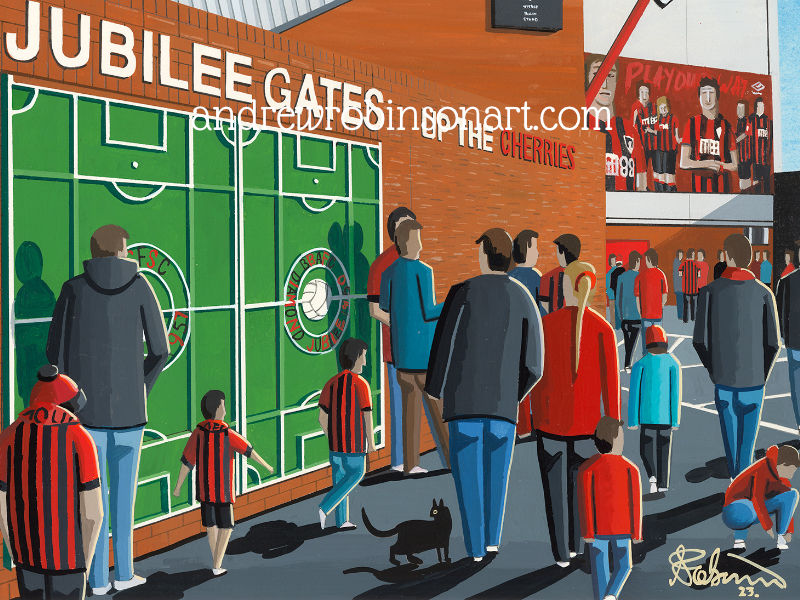 Thumbnail: AFC Bournemouth Fc Dean Court  stadium scene by artist Andrew Robinson andrewrobinsonart.com. Available in fine art print, poster, canvas prints and mugs etc 