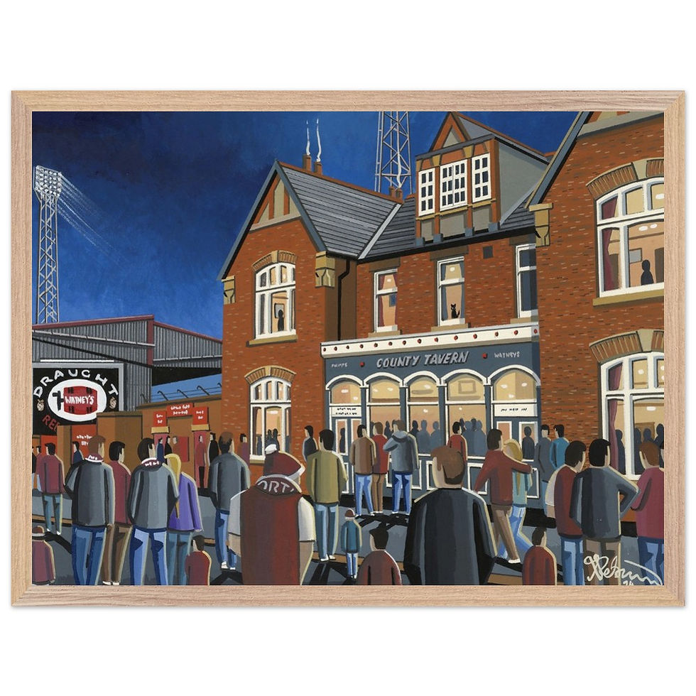 Thumbnail: Northampton Town F.C Retro County Ground Stadium By Artist Andrew Robinson andrewrobinsonart.com, Andrew Robinson art. Framed Fine Art Prints, Posters, Canvas Prints, Framed canvas prints, Ceramic Mugs etc sport, football, rugby, NFL