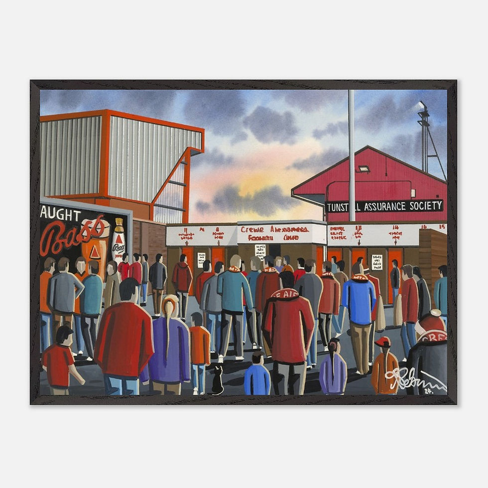 Crewe Alexandra Retro Gresty Road Stadium By Artist Andrew Robinson andrewrobinsonart.com, Andrew Robinson art .Framed Fine Art Prints, Posters, Canvas Prints, Framed canvas prints, Ceramic Mugs etc sport, football, rugby, NFL