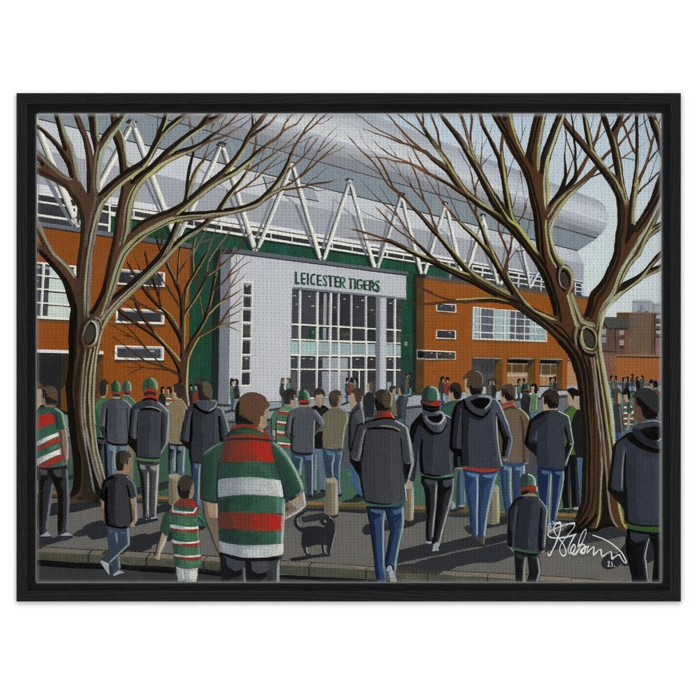 leicester Tiger Rugby Union Welford Road Stadium. Available as a Fine Art Framed Print & Framed Canvas Print, Ceramic Mug, By Artist Andrew Robinson andrewrobinsonart.com