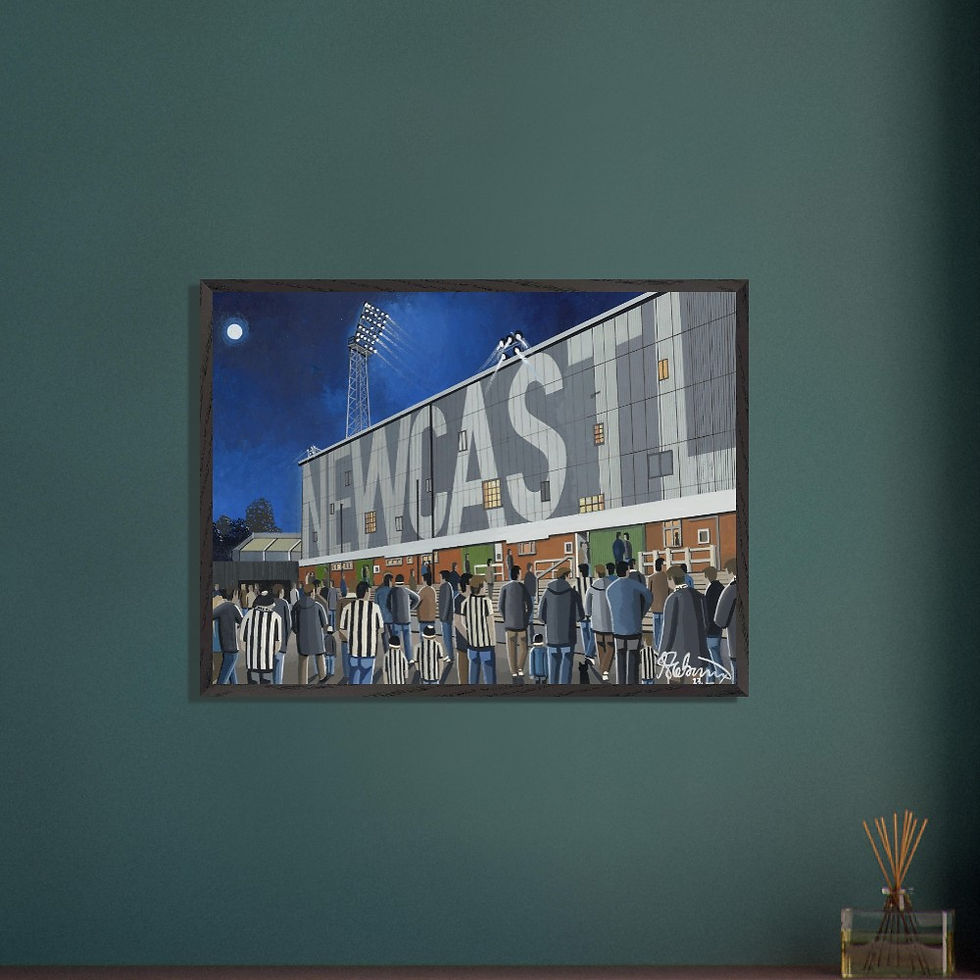 Thumbnail: Newcastle United FC retro St james's Park football stadium scene by artist Andrew Robinson andrewrobinsonart.com. Available in fine art print, poster, canvas prints and mugs etc 