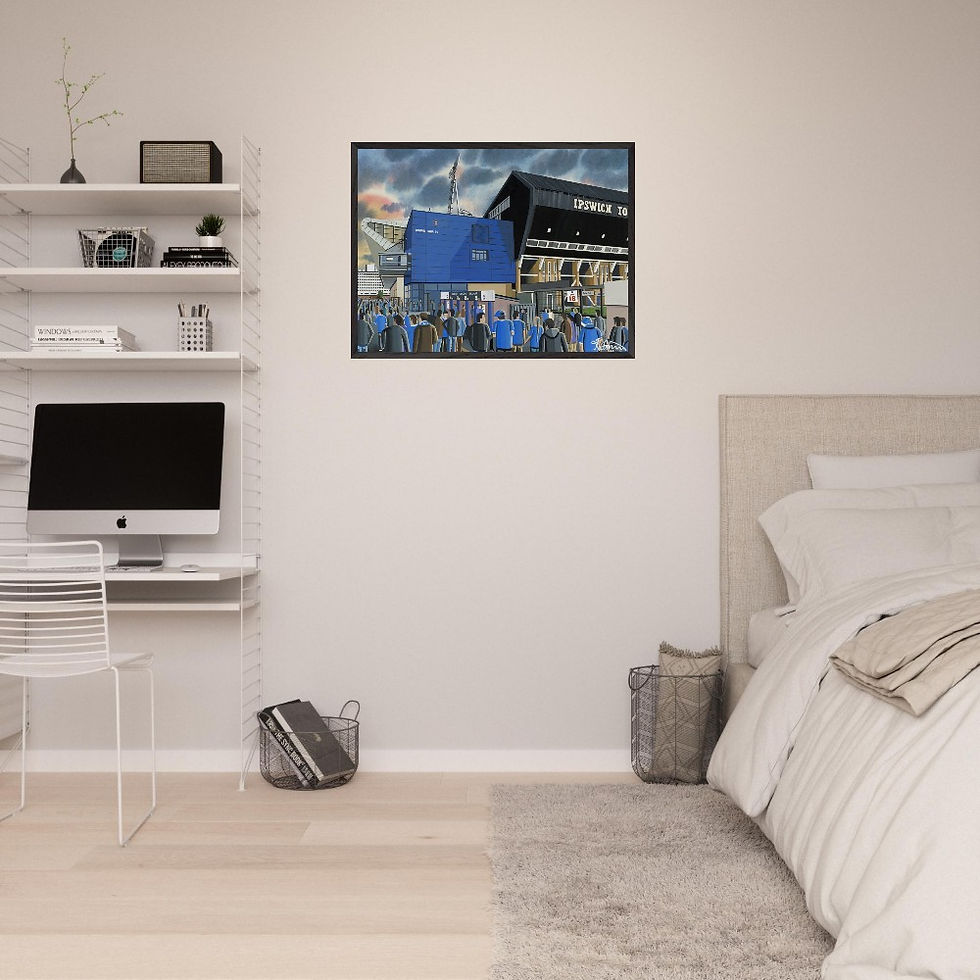 Thumbnail: Ipswich Town FC Portman Road  football stadium scene by artist Andrew Robinson andrewrobinsonart.com. Available in fine art print, poster, canvas prints and mugs etc 